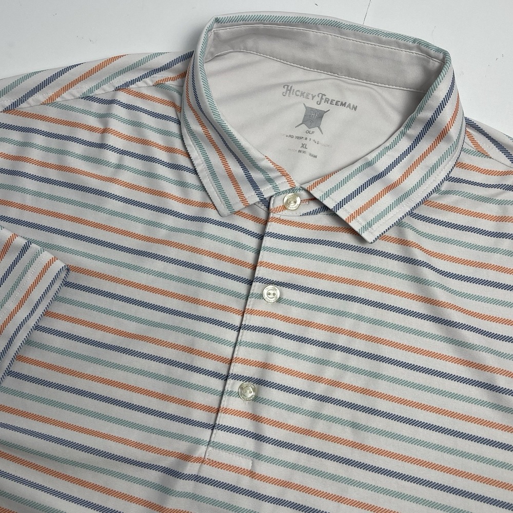 Hickey Freeman Mens XL White Striped Golf Polo Short Sleeve Performance Shirt